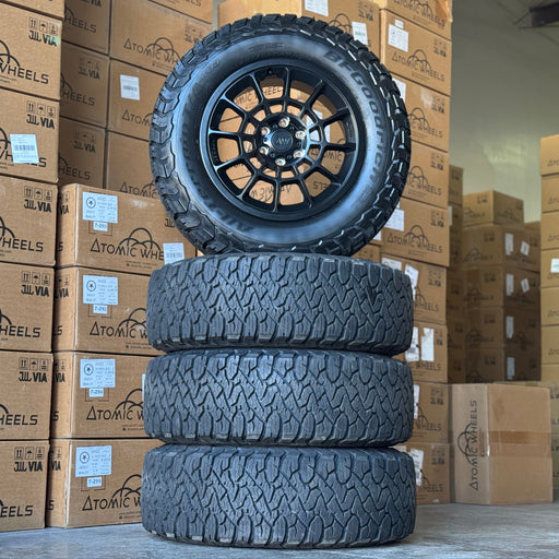20-Inch AW08 Satin Black Wheels + BFGoodrich All-Terrain T/A KO3 LT285/65R20 Tire Set for Tesla Cybertruck