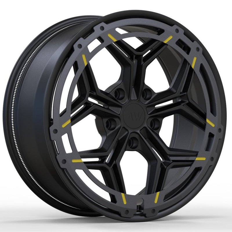AWR1 for Rivian R1T/R1S 20x8.5 Inch +40 Offset Forged Wheels Satin Black/Grey Blade/Yellow Lines