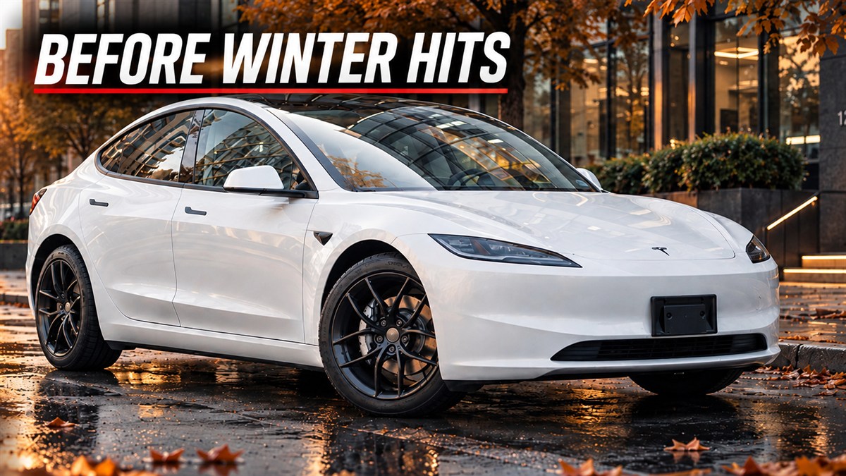 White Tesla Model 3 with AW21 Satin Black wheels — Before Winter Hits fall drive checklist