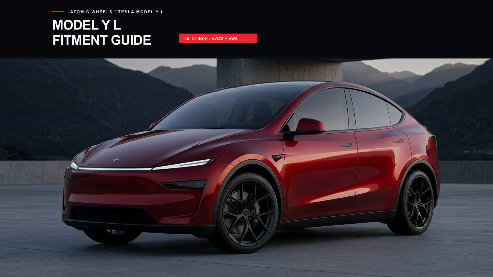 Model Y L fitment guide campaign: red six-seat Tesla Model Y L with black multi-spoke wheels