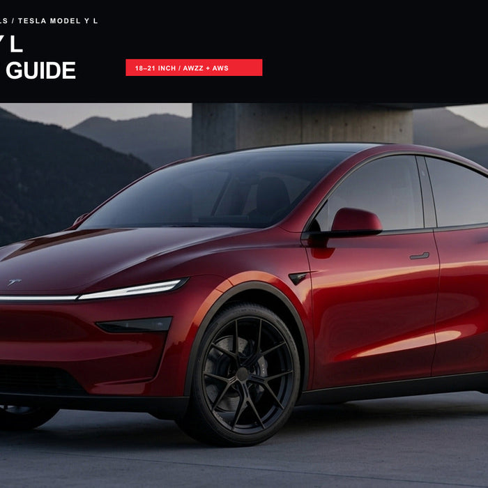 Model Y L fitment guide campaign: red six-seat Tesla Model Y L with black multi-spoke wheels