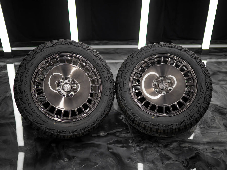 22-Inch AWDX Gloss Brushed Grey Wheels + Falken Wildpeak R/T LT285/55 R22 Tire Set for Tesla Cybertruck (DEMO SET)