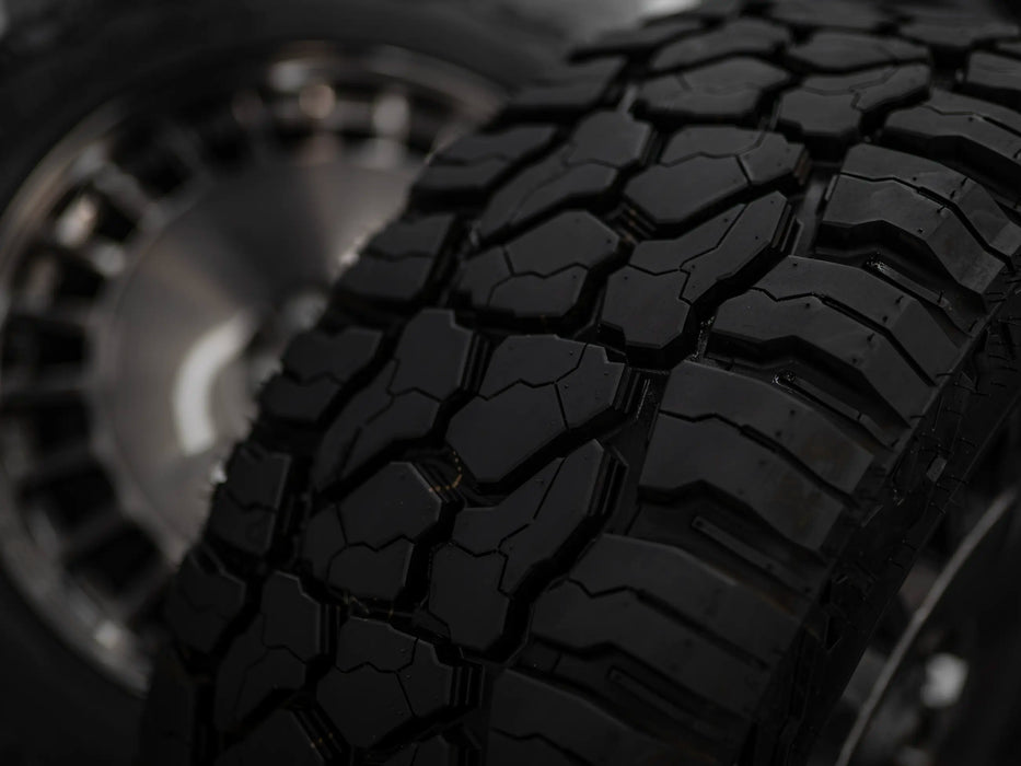 22-Inch AWDX Gloss Brushed Grey Wheels + Falken Wildpeak R/T LT285/55 R22 Tire Set for Tesla Cybertruck (DEMO SET)