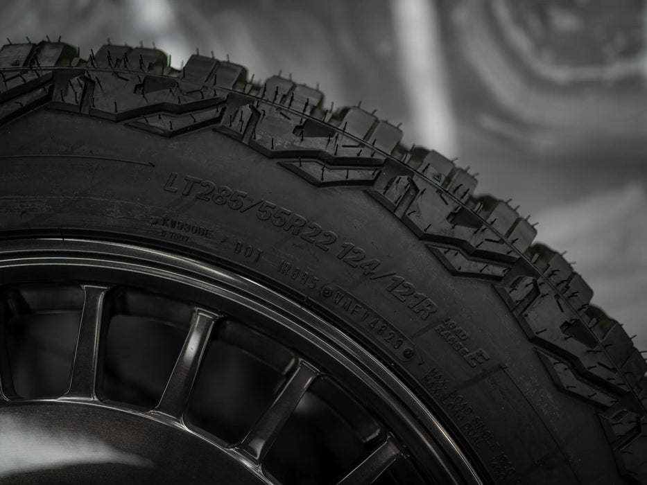 22-Inch AWDX Gloss Brushed Grey Wheels + Falken Wildpeak R/T LT285/55 R22 Tire Set for Tesla Cybertruck (DEMO SET)