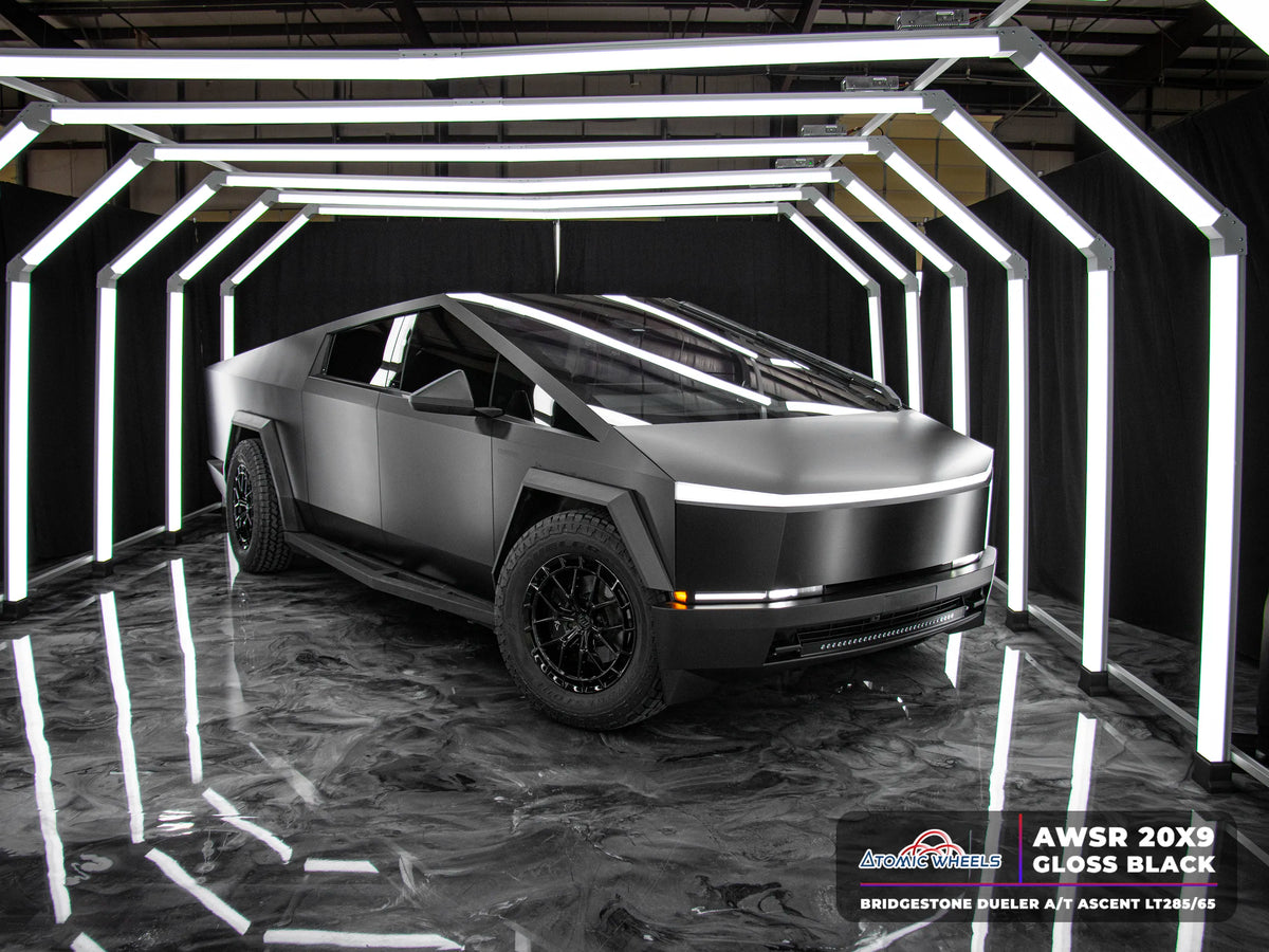 Tesla Cybertruck photographed with Atomic Wheels AWSR Gloss Black in a light tunnel