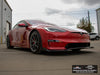 Low front three-quarter view of red Tesla Model S Long Range with titan AWZZ forged wheels, 19x9.5 front and 19x10.5 rear, and Michelin Pilot Sport All Season 4 tires