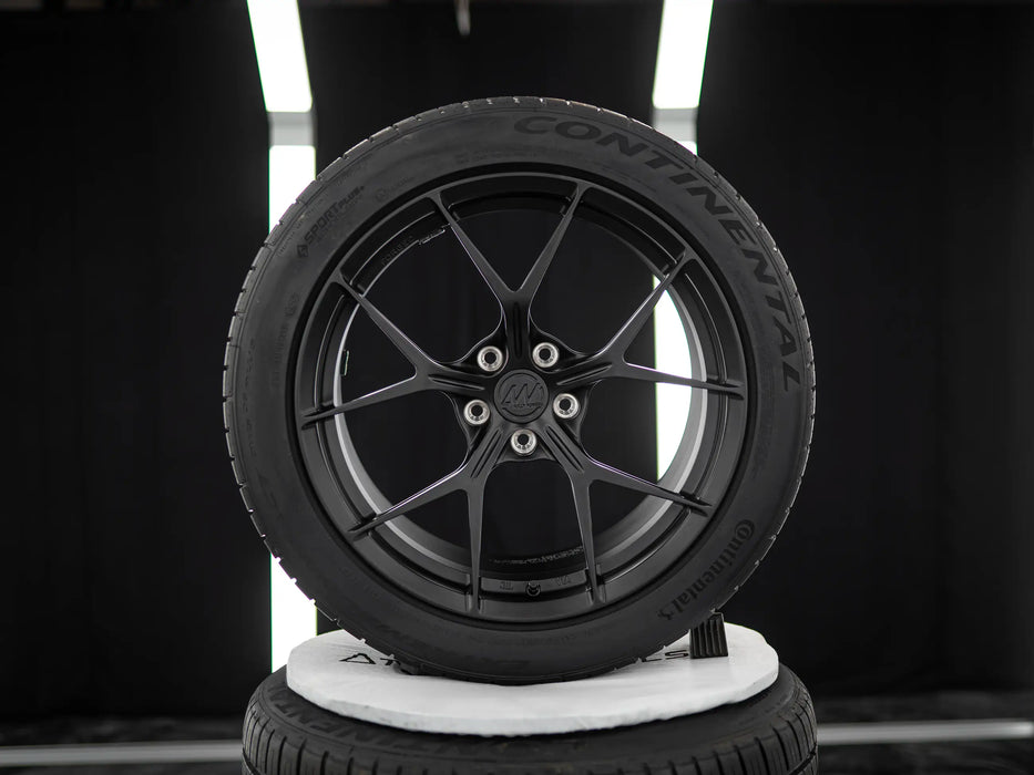 19-Inch AWZZ Satin Black Wheels + CONTINENTAL EXTREME CONTACT DWS06 PLUS 255/45R19 Tire Set for Tesla Model Y