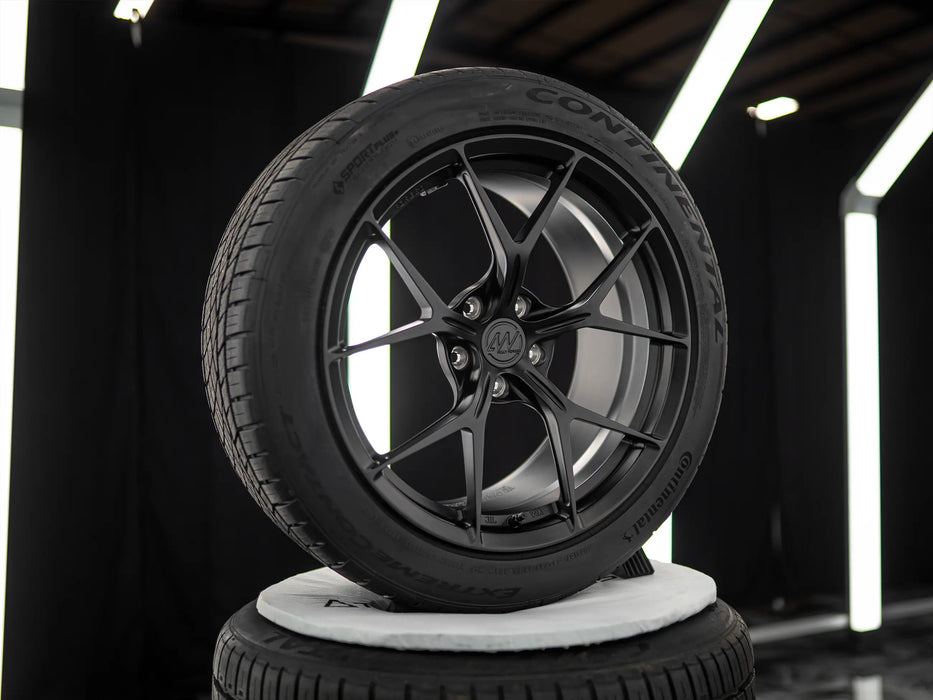 19-Inch AWZZ Satin Black Wheels + CONTINENTAL EXTREME CONTACT DWS06 PLUS 255/45R19 Tire Set for Tesla Model Y