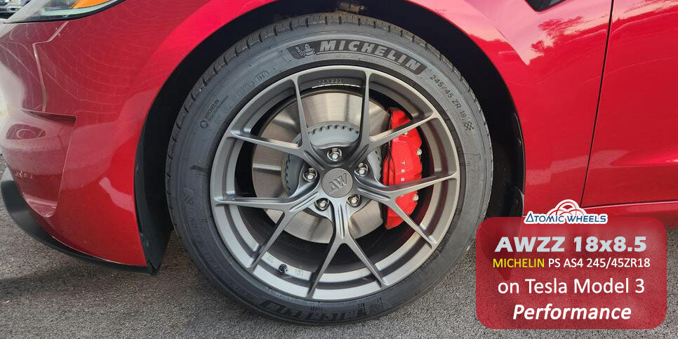 AWZZ 18x8.5 wheel installed on a Tesla Model 3 Performance, showing brake clearance