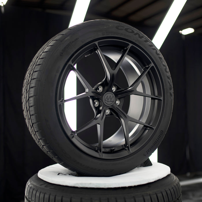 19-Inch AWZZ Satin Black Wheels + CONTINENTAL EXTREME CONTACT DWS06 PLUS 255/45R19 Tire Set for Tesla Model Y
