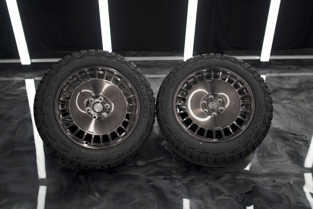 22-Inch AWDX Gloss Brushed Grey Wheels + Falken Wildpeak R/T LT285/55 R22 Tire Set for Tesla Cybertruck (DEMO SET)