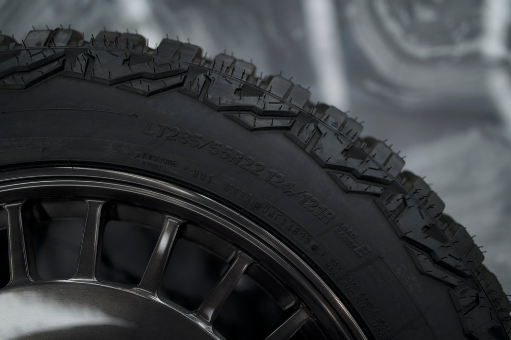 22-Inch AWDX Gloss Brushed Grey Wheels + Falken Wildpeak R/T LT285/55 R22 Tire Set for Tesla Cybertruck (DEMO SET)