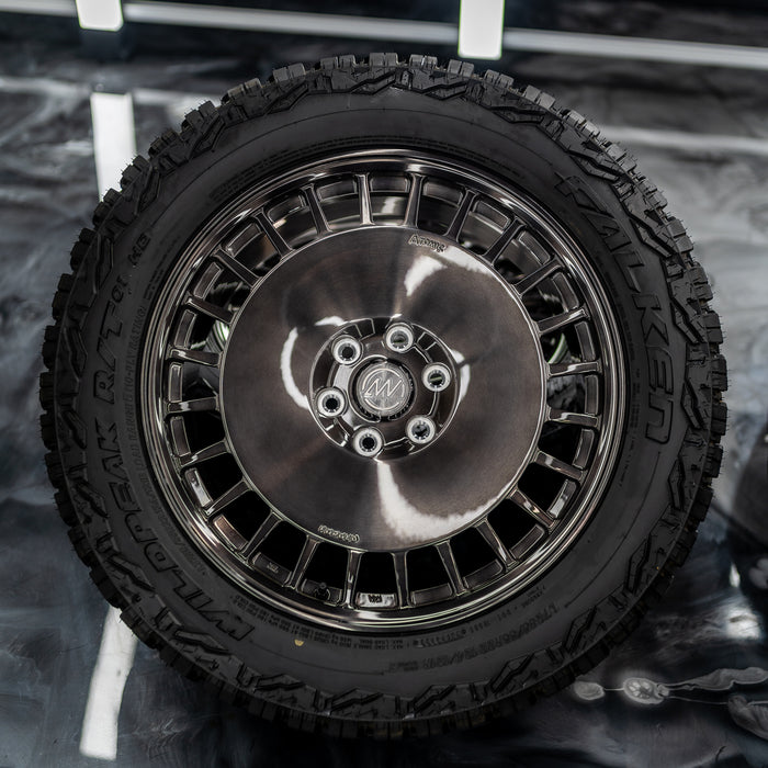 22-Inch AWDX Gloss Brushed Grey Wheels + Falken Wildpeak R/T LT285/55 R22 Tire Set for Tesla Cybertruck (DEMO SET)