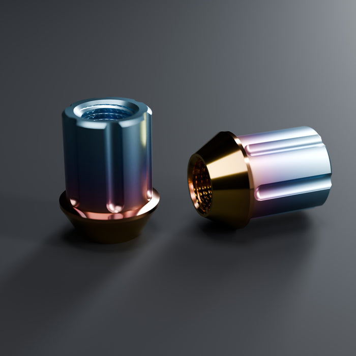 Titanium short anti-theft lug nuts, burned gold, seat and thread