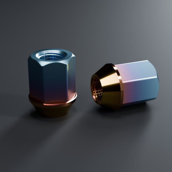 Titanium short hex lug nuts, burned gold, seat and thread