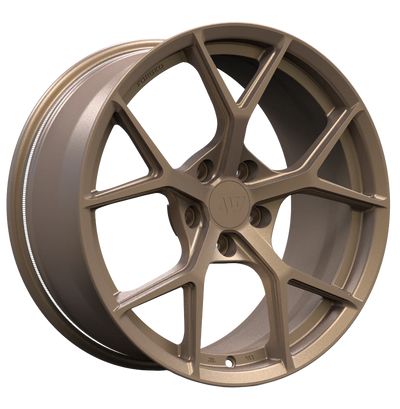 AW01 forged wheel render Satin Bronze — Tesla 3/Y spec background