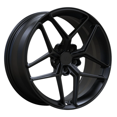 AW03 forged wheel render Satin Black — Tesla 3/Y spec background