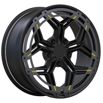 AWR1 Satin Black/Grey Blade/Yellow Lines forged wheel for Rivian, transparent background