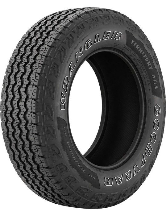Goodyear Wrangler Territory AT/S — Model illustration edited with AI to remove the wheel. Sidewall markings may vary by selected size