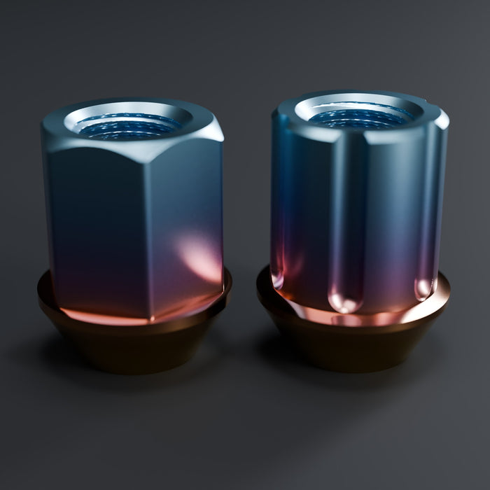 Standard hex and anti-theft titanium lug nuts side by side