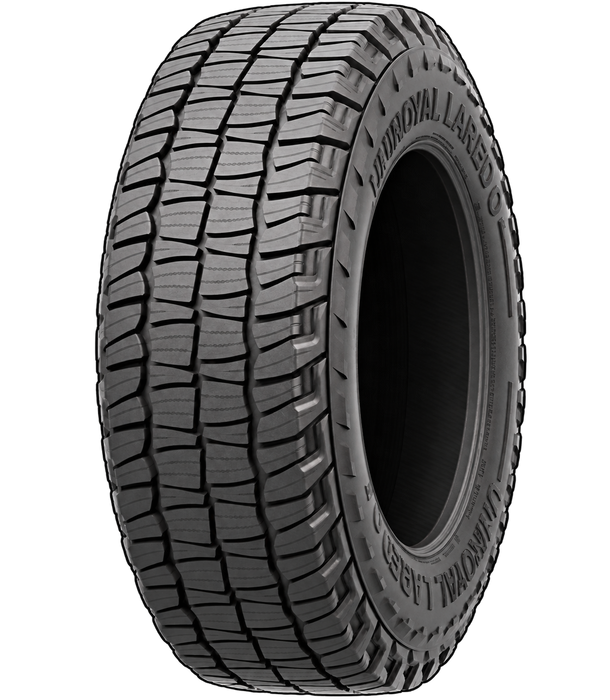 Uniroyal Laredo A/T — Model illustration edited with AI: wheel removed and sidewall lettering adjusted to illustrate the black-sidewall option. Sidewall markings may vary by selected size